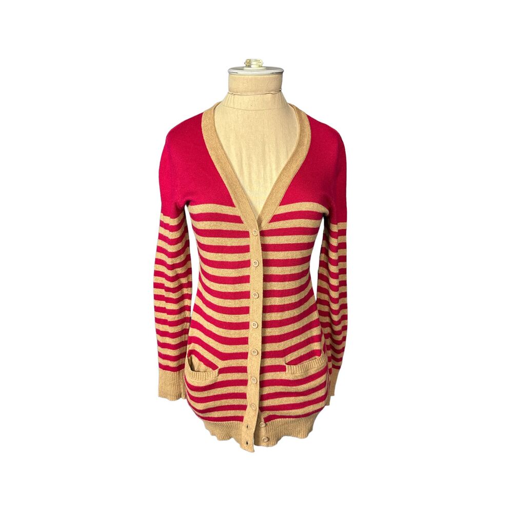 Tabitha Red Tan Striped Cardigan Cotton Cashmere Size XS